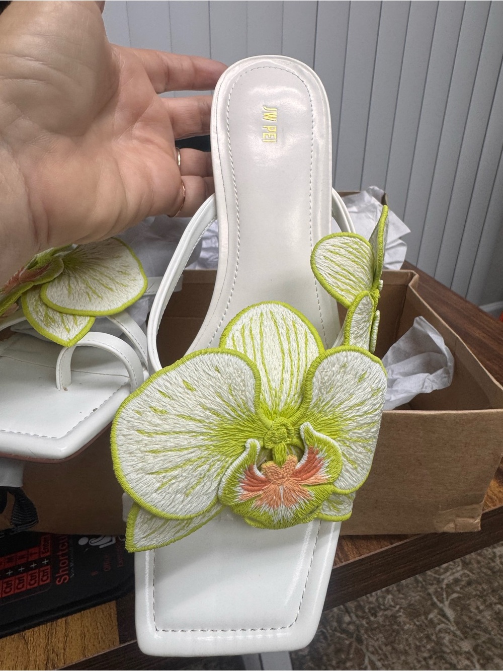 JW PEI White Slide Mules with Lime Green & Peach Floral Applique